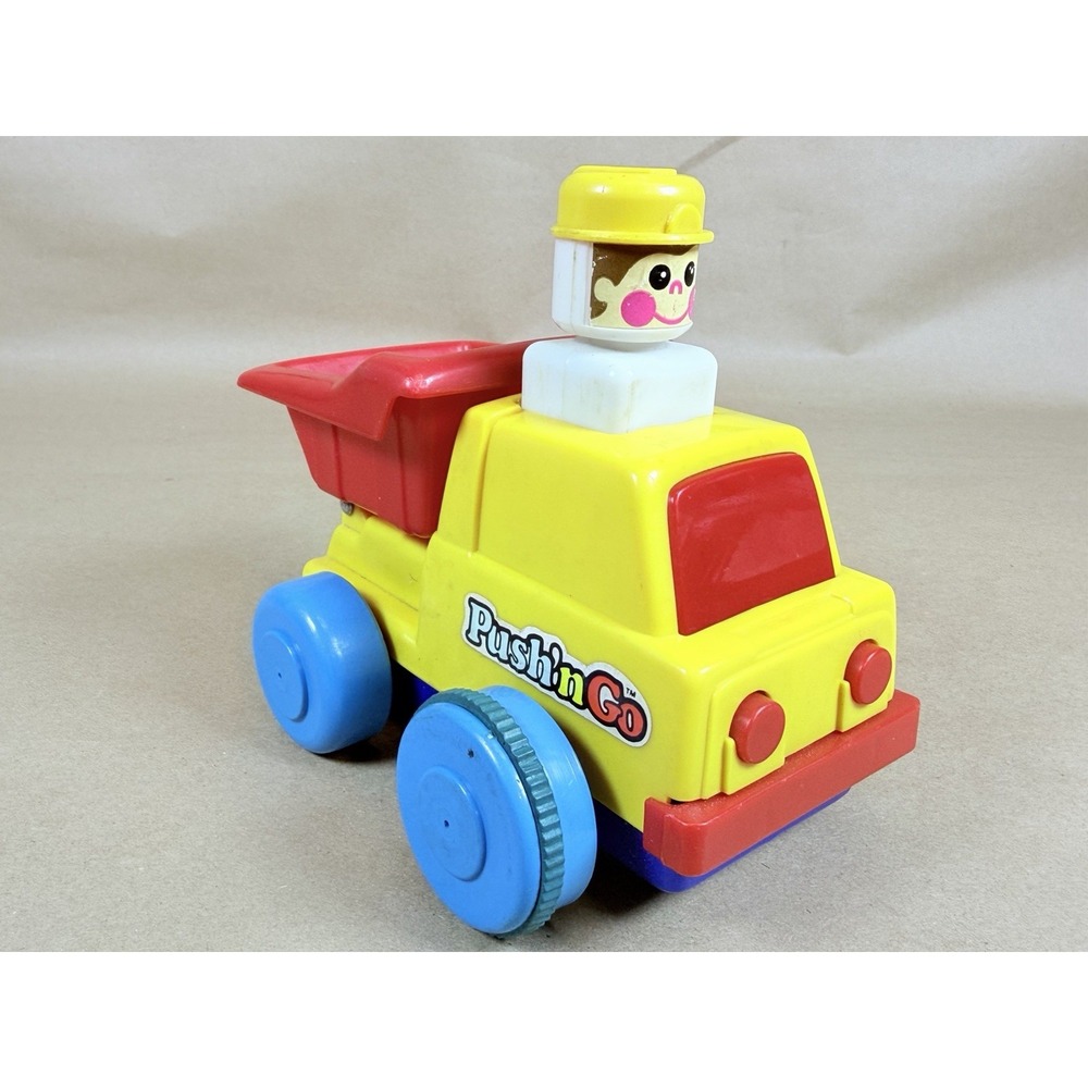 Vintage 1975 TOMY Push'N Go Dump Truck Yellow Red Blue Driver Figure Toy